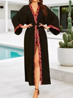 Vacation Dresses Ruffled Sash Long Sleeves Printed Casual Gold Dress