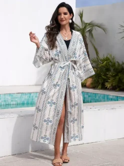 Vacation Dresses Ruffled Sash Long Sleeves Printed Casual Light Sky Blue Dress