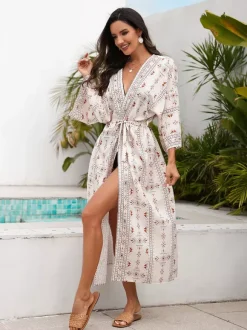 Vacation Dresses Ruffled Sash Long Sleeves Printed Casual Light Sky Blue Dress