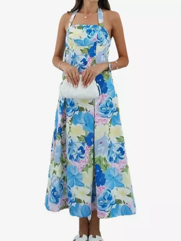 Vacation Dresses Shaping Backless Lace Sleeveless Printed Straps Neck Elegant Pink Dress