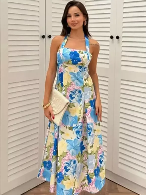 Vacation Dresses Shaping Backless Lace Sleeveless Printed Straps Neck Elegant Pink Dress