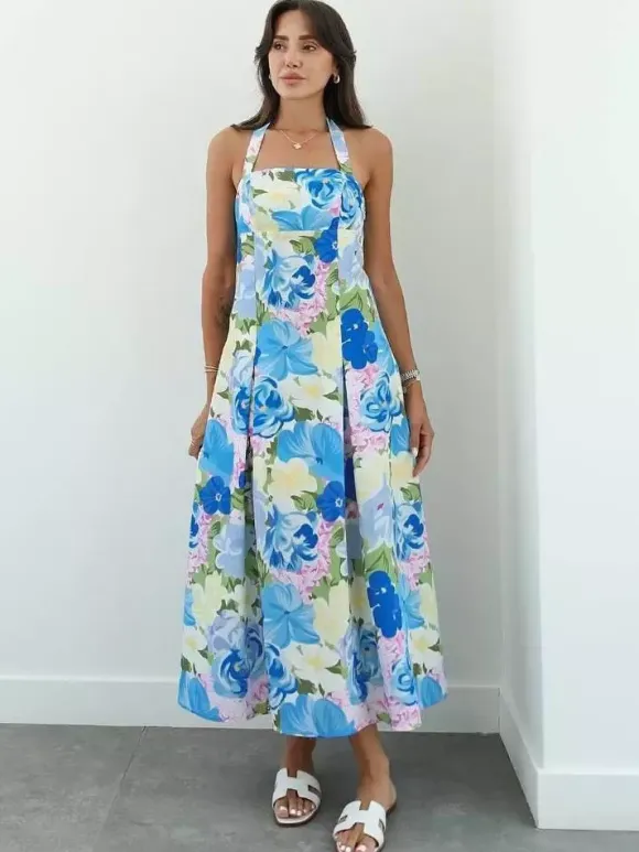 Vacation Dresses Shaping Backless Lace Sleeveless Printed Straps Neck Elegant Pink Dress