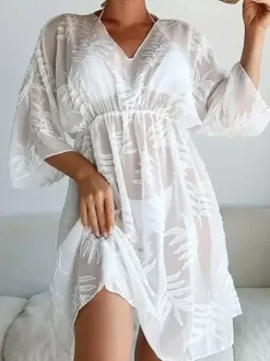 Vacation Dresses Sheer Shaping 3/4 Length Sleeves V-Neck Chic Black Dress