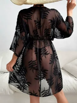 Vacation Dresses Sheer Shaping 3/4 Length Sleeves V-Neck Chic Black Dress