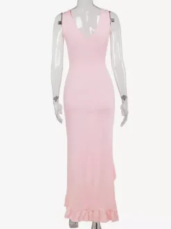 Vacation Dresses V Neck Spaghetti Strap Maxi Dress High Slit Ruffle Hem Mermaid Bodycon Party Gown