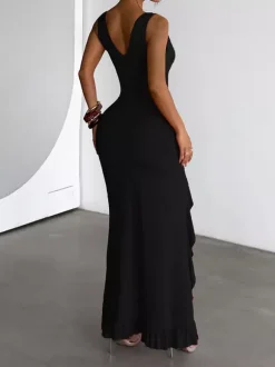 Vacation Dresses V Neck Spaghetti Strap Maxi Dress High Slit Ruffle Hem Mermaid Bodycon Party Gown