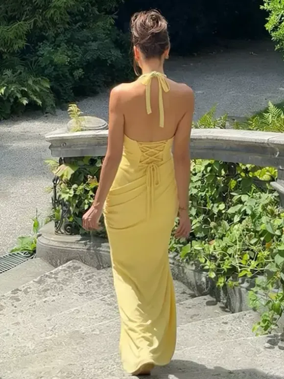 Vacation Dresses Yellow Halter Deep Plunge Mermaid Maxi Dress Back Lace Up Ruched Waist Evening Gown