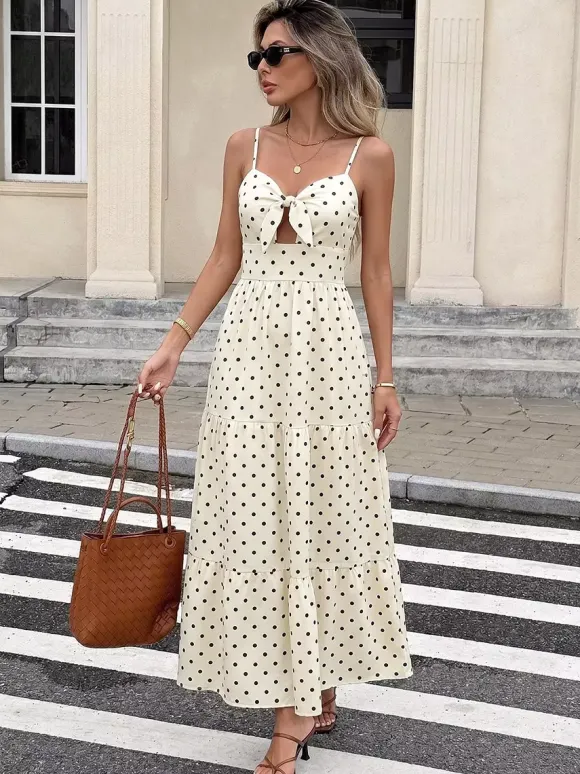 Vacation Casual Sundress Cream Polka Dot Cami Maxi Front Knot Flowy Summer Dress