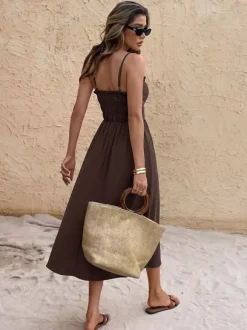 Vacation Dress Cami Ruffle Trim Square Neck Self Tie Elastic Waist Loose Casual Midi Dress
