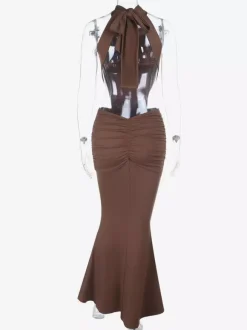 Vacation Dresses Brown Halter Mermaid Maxi Back Self Tie Cutout Waist Ruched Bodycon Evening Gown