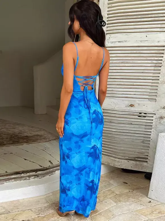 Vacation Dresses Floral Print Spaghetti Strap Midi Back Lace Up Ruched Front Side Slit Bodycon Dress