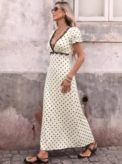 Vacation Dresses Flowy Midi Polka Dot Ivory Deep V Neck Ruffle Sleeve Lace Open Back Self Tie Waist Dress