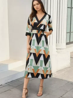 Vacation Dresses Geometric Print Midi Dress V Neck Wrap 3/4 Sleeve Waist Long Dress