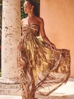 Vacation Dresses Halter Tube Top Cutout Waist Paisley Print Flowy Party Maxi Dress