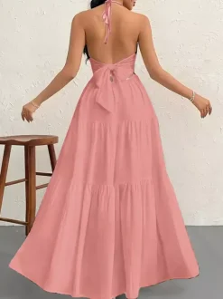 Vacation Dresses Halter V Neck Back Tie Tiered Ruffle Backless Flowy Summer Beach Long Maxi Dress