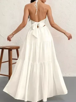 Vacation Dresses Halter V Neck Back Tie Tiered Ruffle Backless Flowy Summer Beach Long Maxi Dress