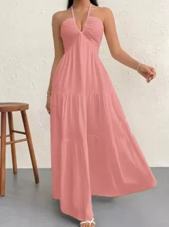 Vacation Dresses Halter V Neck Back Tie Tiered Ruffle Backless Flowy Summer Beach Long Maxi Dress