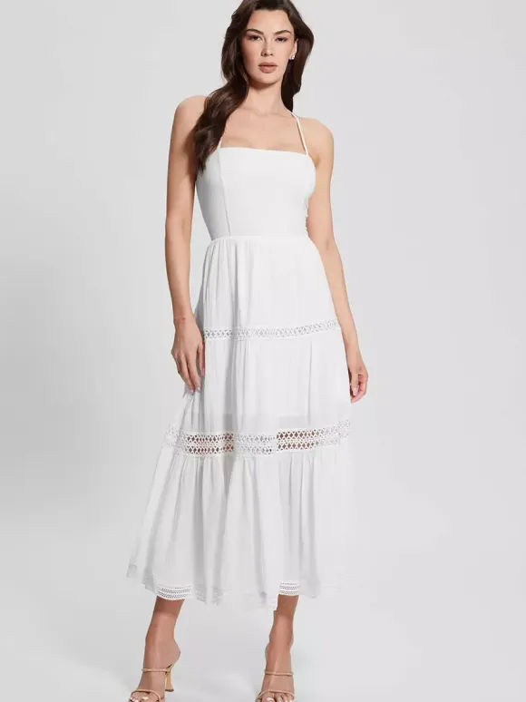 Vacation Dresses Maxi Backless Lace Lace Up Sleeveless Halter Casual White Dress