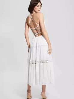 Vacation Dresses Maxi Backless Lace Lace Up Sleeveless Halter Casual White Dress