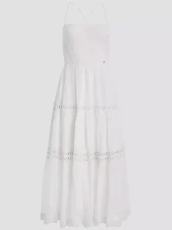 Vacation Dresses Maxi Backless Lace Lace Up Sleeveless Halter Casual White Dress
