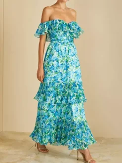 Vacation Dresses Maxi Backless Ruffles Pleated Floral Print Off-The-Shoulder Cold Shoulder Sleeve Casual Dress