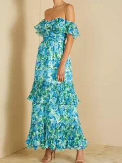 Vacation Dresses Maxi Backless Ruffles Pleated Floral Print Off-The-Shoulder Cold Shoulder Sleeve Casual Dress