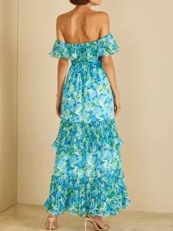 Vacation Dresses Maxi Backless Ruffles Pleated Floral Print Off-The-Shoulder Cold Shoulder Sleeve Casual Dress