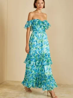 Vacation Dresses Maxi Backless Ruffles Pleated Floral Print Off-The-Shoulder Cold Shoulder Sleeve Casual Dress