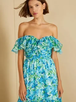 Vacation Dresses Maxi Backless Ruffles Pleated Floral Print Off-The-Shoulder Cold Shoulder Sleeve Casual Dress