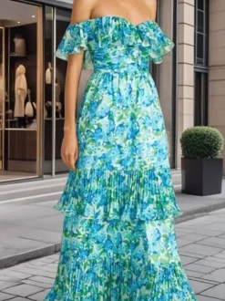 Vacation Dresses Maxi Backless Ruffles Pleated Floral Print Off-The-Shoulder Cold Shoulder Sleeve Casual Dress
