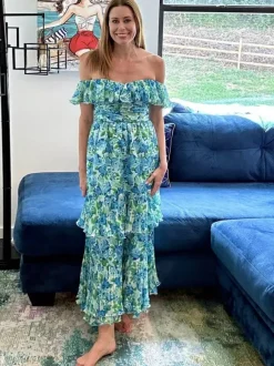 Vacation Dresses Maxi Backless Ruffles Pleated Floral Print Off-The-Shoulder Cold Shoulder Sleeve Casual Dress