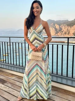 Vacation Dresses Maxi Backless Sleeveless Halter Casual Blue Summer Dress