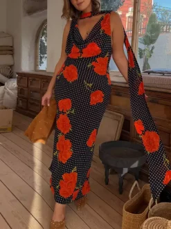 Vacation Dresses Maxi Backless Sleeveless Floral Print Cowl Neck Chic Brown Dress