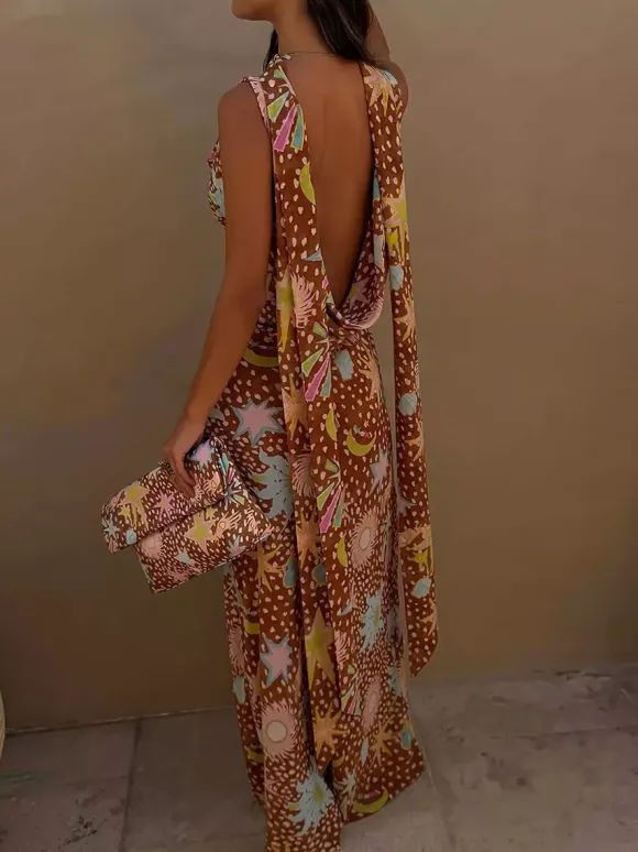 Vacation Dresses Maxi Backless Sleeveless Floral Print Cowl Neck Chic Brown Dress