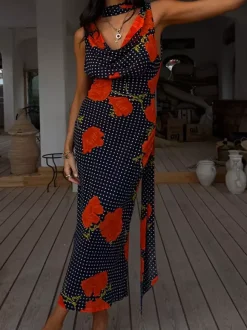 Vacation Dresses Maxi Backless Sleeveless Floral Print Cowl Neck Chic Brown Dress