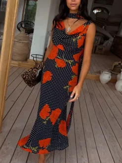 Vacation Dresses Maxi Backless Lace Up Sleeveless Floral Print Halter Elegant White Dress