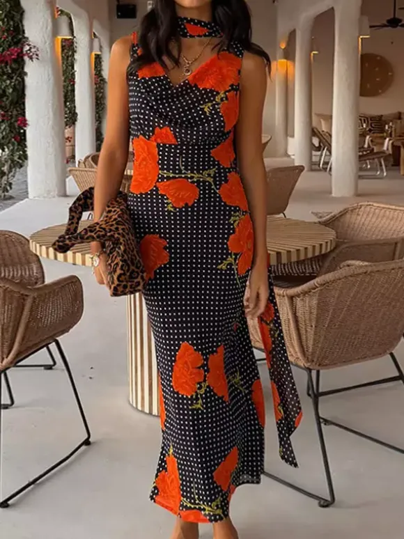 Vacation Dresses Maxi Backless Sleeveless Floral Print Cowl Neck Chic Brown Dress