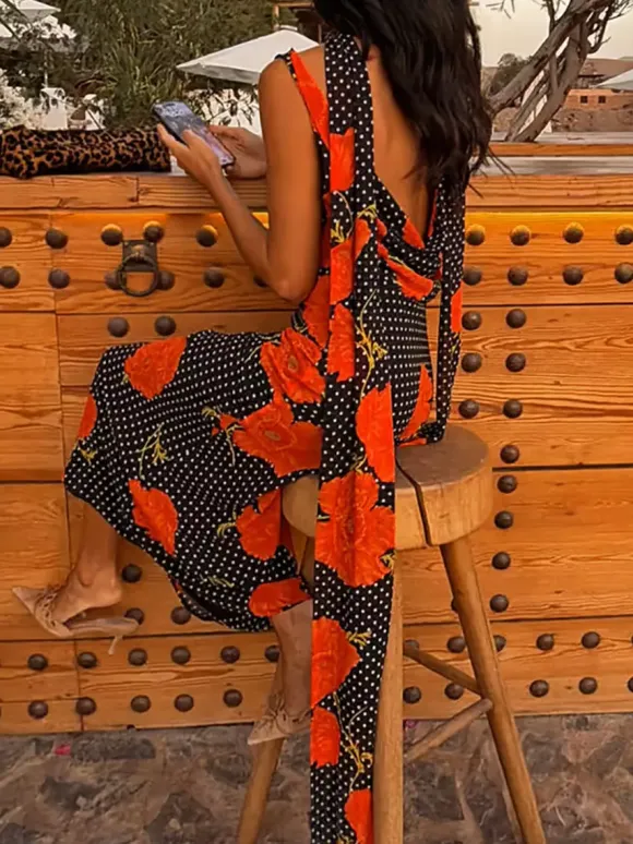 Vacation Dresses Maxi Backless Sleeveless Floral Print Cowl Neck Chic Brown Dress