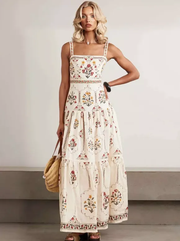 Vacation Dresses Maxi Backless Embroidered Sleeveless Floral Print Off-The-Shoulder Retro Dress
