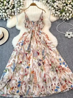 Vacation Dresses Maxi Backless Flowers Strappy Sleeveless Floral Print Straps Neck Chic Apricot Dress