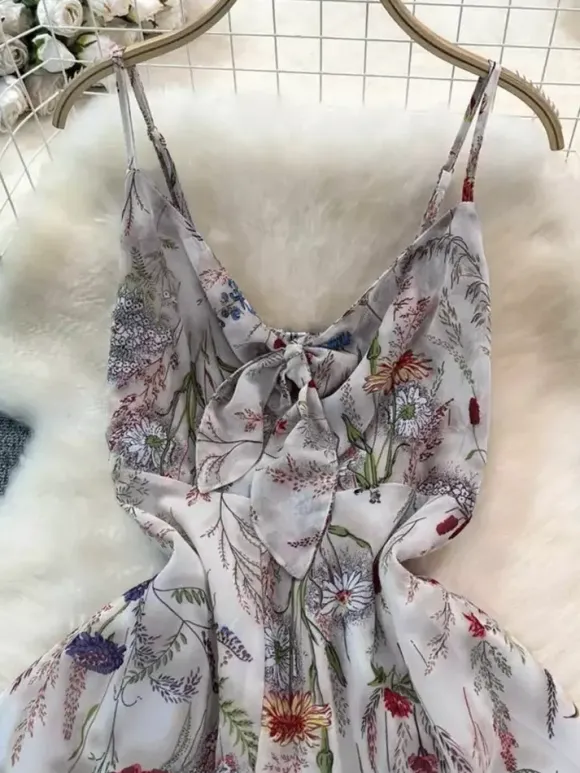 Vacation Dresses Maxi Backless Flowers Strappy Sleeveless Floral Print Straps Neck Chic Apricot Dress