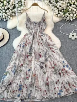 Vacation Dresses Maxi Backless Flowers Strappy Sleeveless Floral Print Straps Neck Chic Apricot Dress