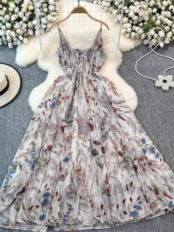 Vacation Dresses Maxi Backless Flowers Strappy Sleeveless Floral Print Straps Neck Chic Apricot Dress