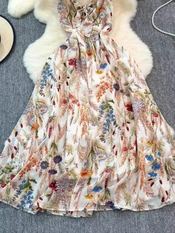 Vacation Dresses Maxi Backless Flowers Strappy Sleeveless Floral Print Straps Neck Chic Apricot Dress
