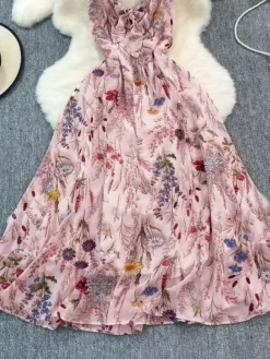 Vacation Dresses Maxi Backless Flowers Strappy Sleeveless Floral Print Straps Neck Chic Apricot Dress