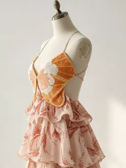 Vacation Dresses Maxi Backless Ruffles Sleeveless V-Neck Chic Orange Red Dresses