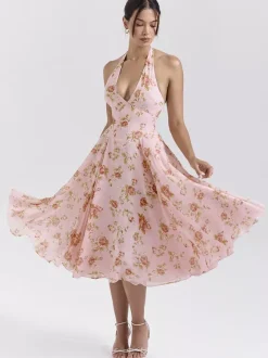 Vacation Dresses Maxi Backless Flowers Lace Up Sleeveless Floral Print Halter Sweet Pink Dress