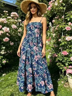 Vacation Dresses Maxi Backless Pleated Sleeveless Straps Neck Chic Light Sky Blue Dress