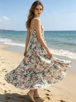 Vacation Dresses Maxi Backless Pleated Sleeveless Straps Neck Chic Light Sky Blue Dress
