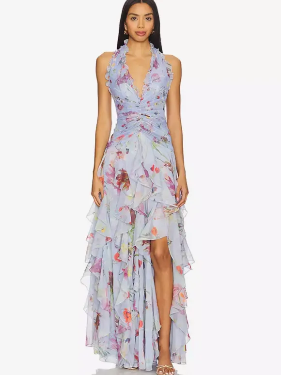 Vacation Dresses Maxi Backless Lace Up Pleated Sleeveless Floral Print V-Neck Sweet Light Gray Dress